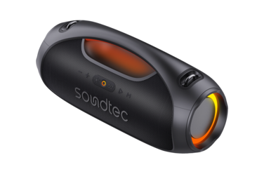 Porodo Soundtec Rush Euphoric Sound Portable Speaker, Bluetooth 5.3, 5400mAh Battery, IPX6 Water Resistance, RGB Lights, Power Bank, Type-C, 8 Hours Playtime, Shoulder Strap &ndash; Black