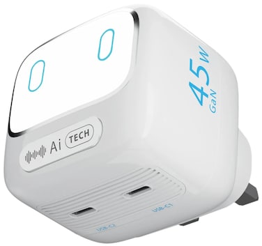 شاحن باورولوجي 45 واط بالذكاء الاصطناعي، مخرج الطاقة: 45 واط (كحد أقصى) مع محول قابس الاتحاد الأوروبي والمملكة المتحدة، ومخرجات USB-C1 وUSB-C2، متوافق عالميًا - أبيض