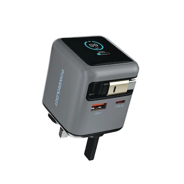 Powerology Halo Dual-Port GaN Charger with 80cm Retractable Type-C Cable, USB-A &amp; USB-C Ports, 70W Max Output, GaN Technology, Smart Power Display, 3-Device Charging &ndash; Gray