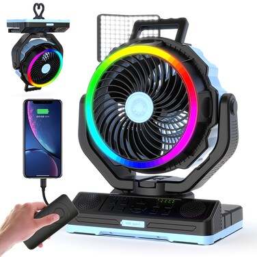 Powerology Ventopower Outdoor 40K Oscillating Fan, 40,000mAh Battery, 6 Speed Levels, Oscillation Angles 45&deg;/90&deg;/120&deg;, Bluetooth Music, IPX3 Water Resistance &ndash; Black
