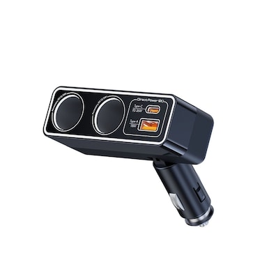 Powerology Brio 54W Car Charger with 2 Cigarette Lighter Sockets, USB-A 18W, USB-C 36W, 120W Cigarette Lighter Port, LED Ambient Lights, Built-in Safeguards &ndash; Black
