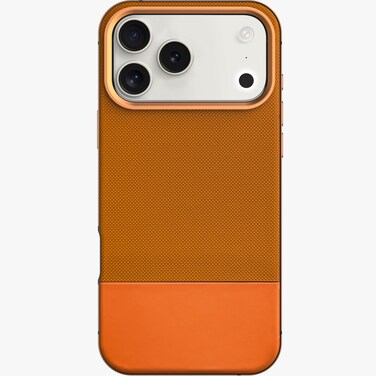 Levelo Cuir Leather Hybrid Case for iPhone 17 Pro , Strong Magnets &amp; MagSafe Compatible, Shock-Resistant Bumper, Aluminum Alloy Frame, Drop-Tested &ndash; Sunrise Orange