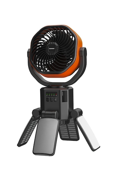 Porodo Lifestyle Suncharge Outdoor Solar Fan, LED Lighting &amp; Power Bank Function, 150&deg; Automatic Oscillation, 6000mAh Battery, 4-Speed Fan, Solar-Powered Charging &ndash; Black &amp; Orange