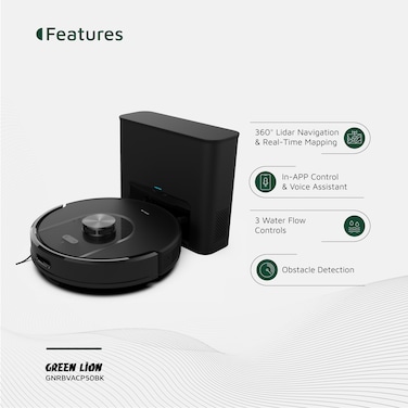 Green Lion Smart Robot Vacuum Pro with 4000Pa Suction Power, Sweeping &amp; Mopping Functions, 140 Minutes Runtime, Auto-Recharge &amp; Resume, Obstacle Detection - Black