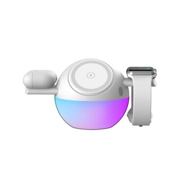 Porodo Orbix 3-in-1 Wireless Charger, MagSafe Compatible, 5W-15W Phone Output, 5W Earbuds Output, 2.5W Watch Output, RGB Lights, Type-C Charging, Secure Magnetic Dock &ndash; White
