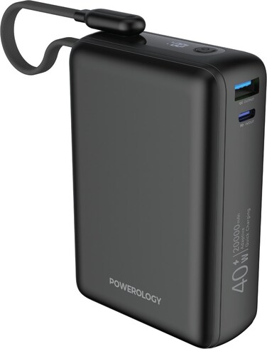 Powerology Montreal 20000mAh Power Bank with Type-C Cable, PD 40W, QC 18W, USB-A &amp; USB-C Ports, Fast Charging, Built-in Safeguards, Display Panel -Black
