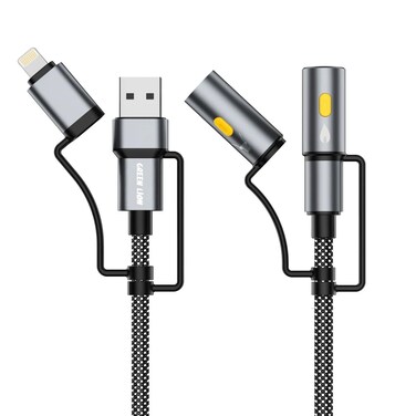 Green Lion 6-in-1 Charging Cable with 1.2m Cable Length, LED Light, Ignition, PD 60W, Charge &amp; Sync, Steady - SOS Light Modes - Gray