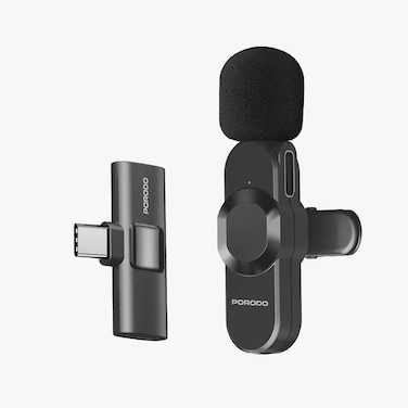Porodo Lifestyle Audix Elite 3-in-1 Lavalier Microphone Set, Wireless Range 20m, Auto Pairing, 3 Hours Use, Crystal Clear Audio, USB-C Lightning &amp; AUX Connectors &ndash; Black