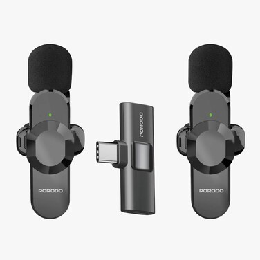 Porodo Audix Pro Lavalier Dual Microphone, -38dB Sensitivity, 40mAh Battery, 3H Working Time, 1H Charge, 15-20m Transmission, Auto Pairing, Lightweight Portable &ndash; Black