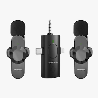 Porodo Lifestyle Audix Elite 3-in-1 Lavalier Microphone Set, Auto Pairing, Instant Wireless Setup, 20m Range, 3 Hours Working Time, USB-C Lightning 3.5mm AUX, Black