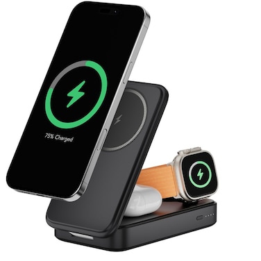 Powerology Kickvolt Portable Charging Stand Power Bank Qi2, 3-in-1 MagSafe Charger, 10000mAh Battery, 15W Wireless Charging, USB-C &amp; USB-A Ports, Triple Device Charging, Black
