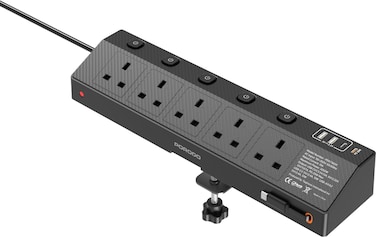 Porodo 3250W Multi-Port UK Power Strip with PD 20W USB-C, 5 AC &amp; 4 Smart USB Ports, Built-In Safety Features, Smart Charging, Retractable Type-C Cable, UK Plug, Black
