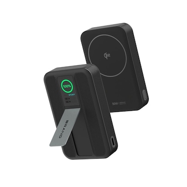 Powerology Vision 10000mAh Power Bank, 30W PD Charging with Cable, 15W Wireless Qi2 Charging, Dual Type-C Ports, TFT Screen, Built-in Kickstand, Durable &amp; Compact Design, Black
