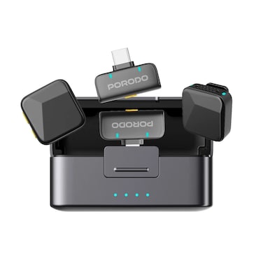 Porodo Orion Lavalier Microphone Type-C &amp; Lightning, Wireless, Auto Pairing, 5-Hour Battery Life, Instant Setup, Long-Range Transmission, Black