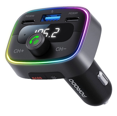 Porodo Dual PD 30W Bluetooth FM Transmitter with USB Disk Reading, Smart Car Charger, Car Battery Voltage Display, Bass Boost Sound, Siri Enabled, Google Assistant, LED Ambient Light &ndash; Black
