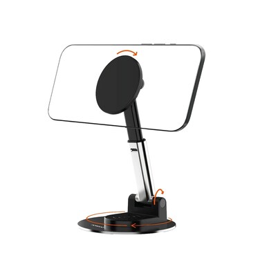 Porodo Magnetic Phone &amp; Tablet Holder with Adjustable Telescopic Rod, Up to 350g Load Capacity, 360&deg; Full-Angle Rotation, One-handed Operation, Strong Magnetic Hold, PS &amp; Silicone Material - Black