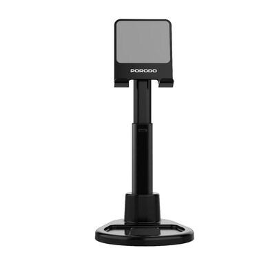 Porodo Multi-Angle Dock Phone &amp; Tablet Stand with Adjustable Telescopic Rod, 35cm Max Height, 6.5-12.9 Inch Compatibility, 360&deg; Rotation, ABS &amp; PC Materials - Black