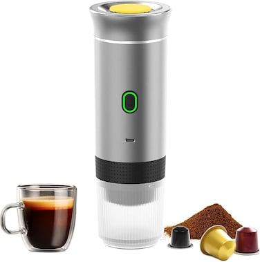 HELEE Portable Electric Espresso Machine with 3-5 Min Self-Heating, Mini Car Travel Coffee Maker with 8500mAh Battery, Compatible with Ground Coffee &amp; NS Capsule for Home, Office (Silver)