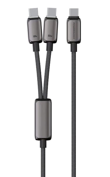 Powerology ZINCO Series 2-IN-1 DUAL USB-C to C+C PD 100W Charging Data Cable, 1.2M Length, 3A Current, Zinc Alloy Connectors, E-Marker Optimized, Universal Compatibility &ndash; Gray
