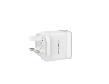 Powerology Lunex Series 3-Port Fast Charging Adapter with UK 3-Pin Plug, 65W PD USB-C Output, 22.5W QC USB-A Output, Multi-Device Charging, Universal Protocol Support &ndash; White