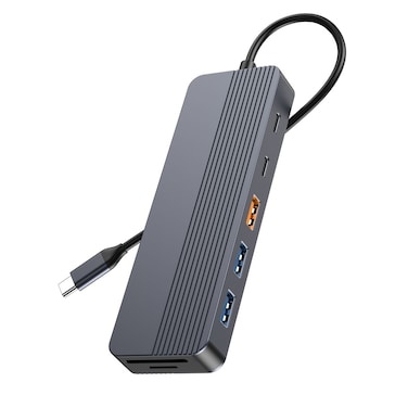 باورولوجي PD 100W هوب USB-C 12 في 1، مخرج HDMI و DP بدقة 4K، نقل بيانات بسرعة 10Gbps، شحن تمرير 100W، إيثيرنت جيجابت، التوافق العالمي – رمادي