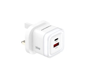 محول شحن سريع ثنائي المنفذ PD 35 واتمحول شحن سريع ثنائي المنافذ من باورولوجي، مخرجات USB-C (بحد أقصى 35 واط) وUSB-A (بحد أقصى 22.5 واط)، يدعم بروتوكولات عالمية لشحن أجهزة متعددة