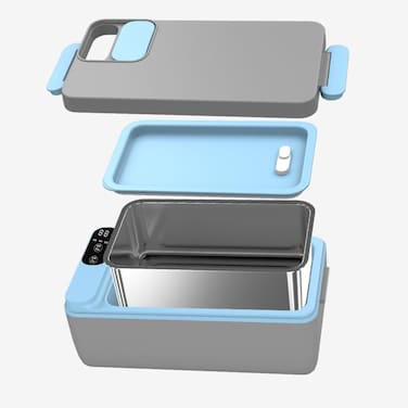 Powerology Lumo صندوق غداء محمول للتسخين، بطارية 4000mAh، سعة 1 لتر، شاشة LED، شحن Type-C، فولاذ مقاوم للصدأ، تصميم مقاوم للتسرب المزدوج – رمادي + أزرق