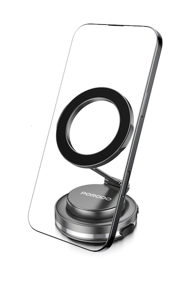 Porodo MagSafe Phone Holder with Electric Suction Base, Adjustable 360&deg; Rotation, Vacuum Lock, N52 Magnets, Magnetic Lock Grip, Multi-Surface Mount &ndash; Black
