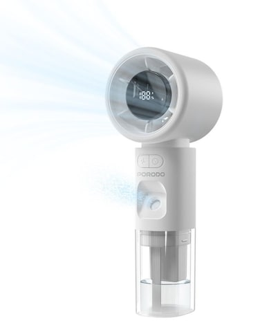 Porodo Lifestyle Cool &amp; Hydrate Mini Fan and Humidifier, 2000mAh Battery, 100-Level Speed Control, LED Digital Display, Portable Handheld Cooling &amp; Humidifying Fan &ndash; White
