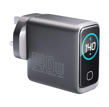 Powerology Voltflow GaN Wall Charger with PD 140W, Single USB-A &amp; Triple USB-C Ports, Ai Temperature Control, Fast Charge Support, Multiple Device Compatibility, TFT Smart Display Interface - Black