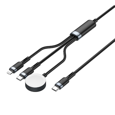 Porodo TrioLink 3-in-1 Charging Cable with 60W Type-C Output, 10W Lightning Output, 5W iWatch Charger Output, 1.2m Cable Length, Aluminum Alloy &amp; TPE Materials - Black