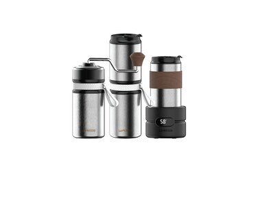 LePresso 4-in-1 Outdoor Coffee Set with Drip Coffee, Grinder &amp; Water Boiler, 20g Bean Cup, 150mL Coffee Cup, USB-C Charging, 13W Power, Heated Water &amp; Adjustable Grind &ndash; Silver