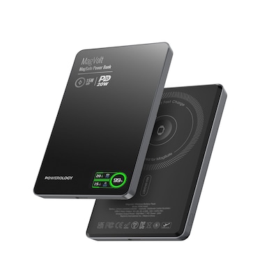 باورولوجي MagVolt باور بانك مغناطيسي بسعة 5000mAh، PD 20W، شحن لاسلكي 15W، شاشة TFT ذكية، جذب مغناطيسي قوي، تصميم نحيف للغاية – أسود