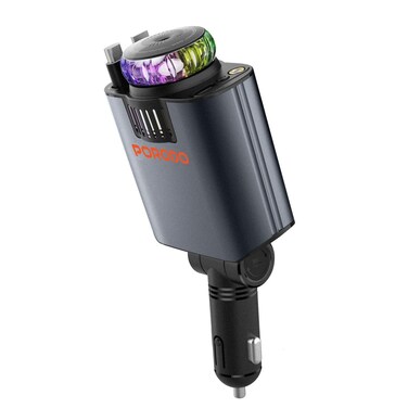 Porodo AromaGlow 120W Car Charger with Diffuser, RGB LED Lights, PD 30W, 180&deg; Adjustable Head, Retractable 80cm Cables, Perfume Set with 3 Fragrances, Type-C &amp; Lightning Output &ndash; Black