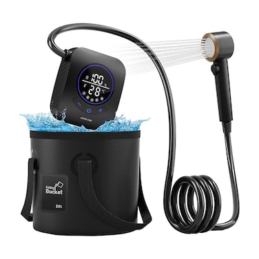 دُش تخييم محمول مع دلو ماء قابل للطي سعة 20 لترًا، خرطوم بطول 2 متر، 4 أوضاع للاستحمام، شاشة LED، مدة تشغيل 3 ساعات، شطاف محمول للتخييم في الهواء الطلق، رأس دُش/مضخة/حقيبة تخزين مُرفقة