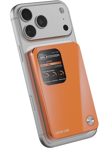 3-in-1 Power Bank 5000mAh 20W PD Fast Charging with Magsafe Compatible, Ultra-Slim Aluminum Alloy Design, Wireless Charging for Phone, Watch &amp; Earbuds, Real-Time Power Display &ndash; Orange