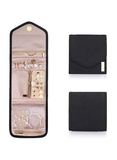 Alybrol Travel Jewelry Organizer Case Foldable Jewelry Roll for Journey-Rings, Necklaces, Earrings, Bracelets,Mini,Soft Pink (Black)