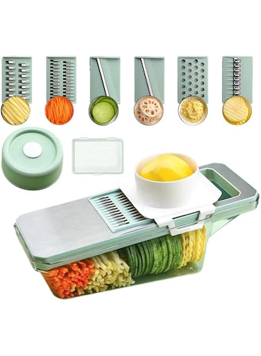 VAODO Vegetable Cutter, 2-in-1 Multifunctional Vegetable Drain and Slicer with Detachable 6 Blades, with Hand Guard and Storage Box