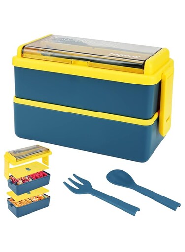 Oasisgalore 2 Layer 1400ml Lunch Box Stackable Bento Box with Spoon Fork, for Student and Adult