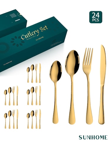 24-Piece Stainless Steel Cutlery Set Kitchen Utensil Set Western Tableware Suitable For Home Kitchen Restaurant Hotel Party Dining Picnic Dining Exquisite Packaging Gift Gold