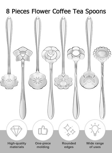 8 Pieces Flower Coffee Tea Spoons, Stainless Steel Sugar Spoons Tea Party Flower Fancy Tableware Set Stir Bar Creative Stirring Teaspoon, 8 Different Patterns, for Tea Party,Coffee Bar,Dessert &amp; Home Decorations (Silver)