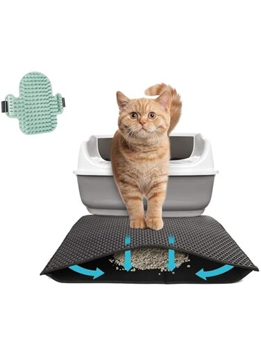 Ours To Yours Cat Litter Mat Kitty Litter Trapping Mat Honeycomb Double Layer, Urine Waterproof, Easier to Clean, Litter Box Mat Scatter Control, Less Waste, Soft on Paws, Non-Slip (70 x 50 CM, Black)