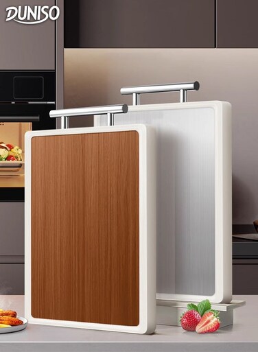 Double-Sided Stainless Steel Cutting Board 2 in 1 Food Grade Chopping Board Double Sided Stainless Steel and Wooden Food-Grade Chopping Board for Kitchen Meat Vegetables Large Chopping Board with Handle