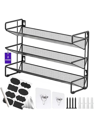 ICOZIUM 3-Tier Spice Shelf- Sturdy Wrought Iron Spice Rack,Slanted Mesh Shelves,Complete Spice Organization for a Clutter-Free,Stylish Kitchen, Countertop Cabinet Wall Mount- Black (Jars Not Included)