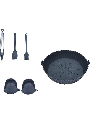 5PCS Air Fryer Silicone Pot Set, 8.2 inch Air Fryers Oven Basket Pan with Mitts, With Silicone Food Clip/Scraper/Oil Brush/Anti Scald Hand Clip (Grey)