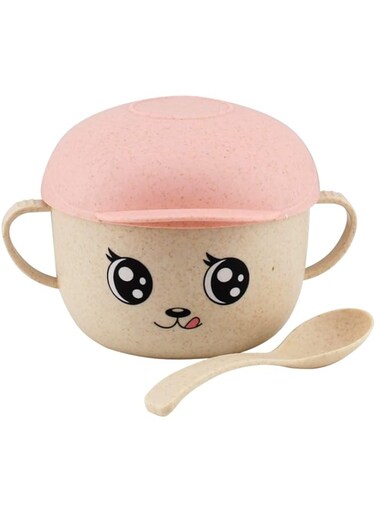 Shallow Kids Wheat Straw Bowl With Lid and spoon-Pink