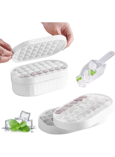 Cube Tray with Press Lid and Bin, Easy-Release Square Ice Cube Mold with Ice Container and Scoop for Baby Food, Chilling Drinks, Whiskey, Cocktail, Tea, Coffee, B-72D (White)