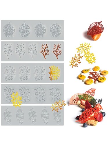 SanZaoGang 5PCS Leaf Molds Silicone Baking Molds Fondant Molds, Hollow 3D Coral Branch Leaf Lace Silicone Cake Molds, Polymer Clay Molds for Baking, Resin, Clay, Sugar Craft, Dessert Cake Decoration