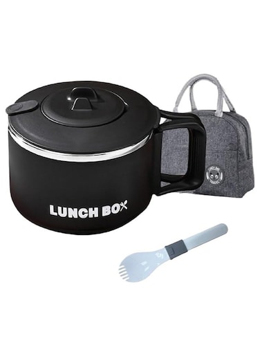 Stainless Steel Lunch Box for Kid School, Insulated Bento Lunch Box, Lunch Containers with Lids Foldable Handle, Leakproof   BFA Free   Dishwasher Safe (Round Black)