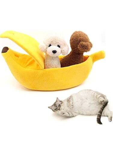 Cat And Dog Bed, Plush Or Luxurious Fur, Machine Washable, High Pillow Banana bed (M)